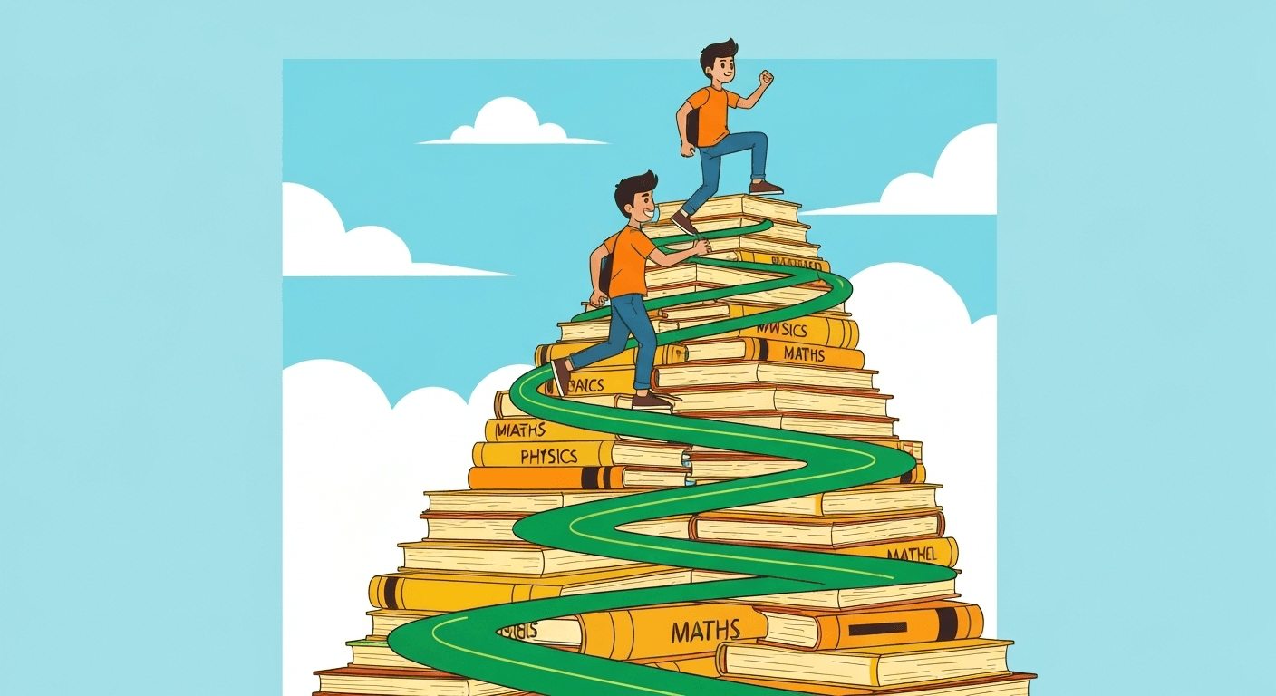 A cartoon illustration of a happy student climbing a structured path up a mountain of books, representing a clear plan to complete the syllabus on time.